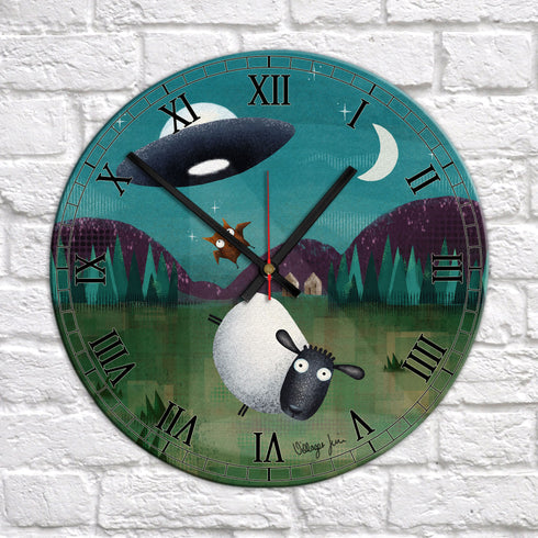 UFOS Unidentified Flying Owl and Sheep - Sheepies Art Clock